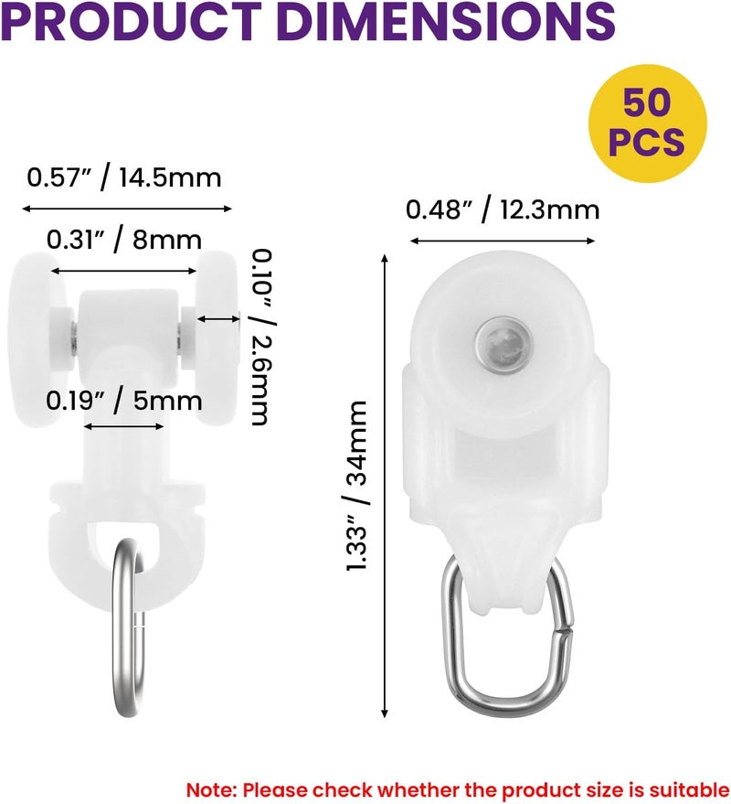 Catuy 50 Pcs Curtain Glider Track Rail Runners, Heavy Duty Mute Wheel Curtain Glider Hooks with Dual Rollers for Universal Ceiling Drapes Room Dividers Shower Curtains Window Treatments - Image 2